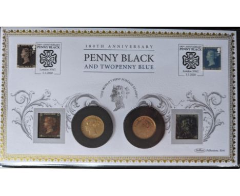 A Harrington & Byrne 180 Anniversary of the Penny Black & Two Pence Blue, UK Gold Sovereign Coin Cover Pair, with COA; the Vi