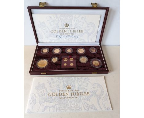 A cased Royal Mint, 2002 UK, Golden Jubilee Gold Proof Set comprising, £5, £2, £1, 50p, 20p, 10, 5p, 2p, 1p & a four coin Mau