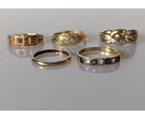 An assortment of two 9ct gold gem-set rings, one wedding band, all hallmarked, 5.75g, one 15ct gold ring, 2.6g some stones mi