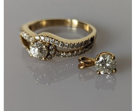 A solitaire old european-cut diamond ring with split shoulder shank, decorated with fifty round-cut diamonds to both sides, e