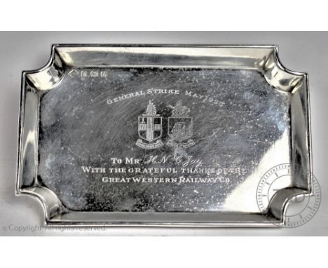 Railwayana and General Strike 1926 - a GWR small silver dish, A.C. Bloxham, Birmingham 1926, the dish engraved with both Grea