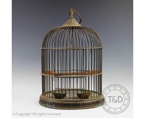 An Edwardian brass dome top bird cage with suspending loop, 45cm high with a J.W.Benson marble mantel clock, 26cm wide (2)