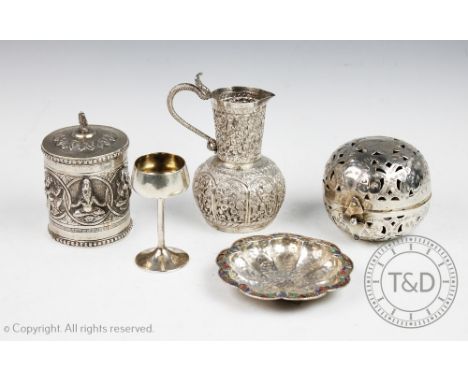 A selection of five white metal objects of virtue to include an Indian silver cylindrical caddy and cover, 10cm high, a Russi
