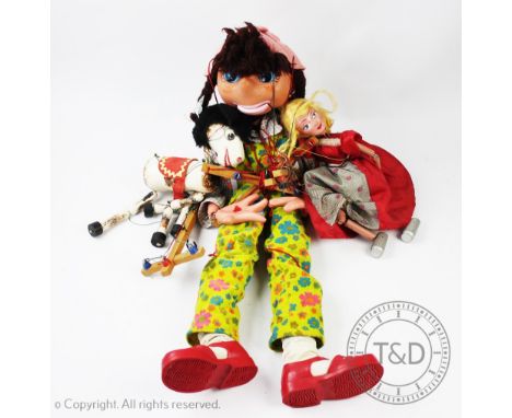 A Pelham type Muffin the Mule puppet, a Cinderella type puppet, with a larger Sunysan puppet of a girl in psychedelic dungare