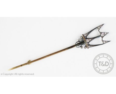 A Victorian diamond set 'trident' brooch, probably converted from a cloak or jabot pin, set to the terminal with graduated ol
