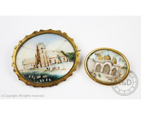 A watercolour on ivory of an Indian temple c1900, within yellow metal surround, 4.3cm x 3.5cm, with a gold plated brooch encl