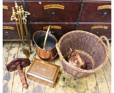 A brass three piece companion set and stand, 92cm high, with a 19th century inlaid walnut writing slope, 30.5cm wide, a coal 