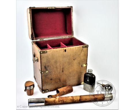 A Stuart of London single drawer telescope, with leather mounted barrel, 46cm when closed, with a modern decanter box, hip fl