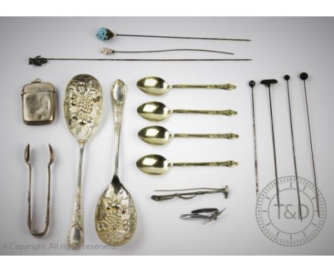 A small selection of silver and objects of virtue to include an Edwardian hat pin with silver teddy finial, Adie &amp; Loveki