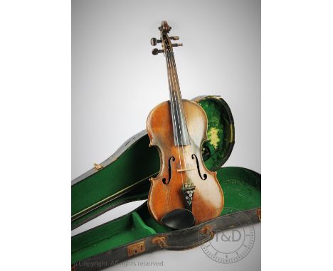 A violin bearing internal label for 'Antonius Stadivarius', possibly Mittenwald German c1890, split piece 35.5cm back (not in