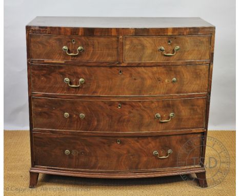 A late George III mahogany bow front chest, with two short and three graduated drawers, on splayed bracket feet, 10cm H x 110