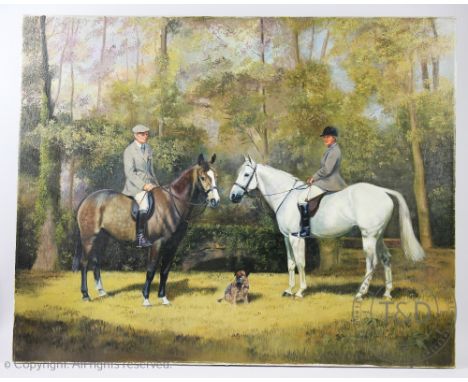 Joan Marshall, Oil on canvas, Husband and wife upon their hunters - with dog beside, signed and dated 1995, 61cm x 76cm, With