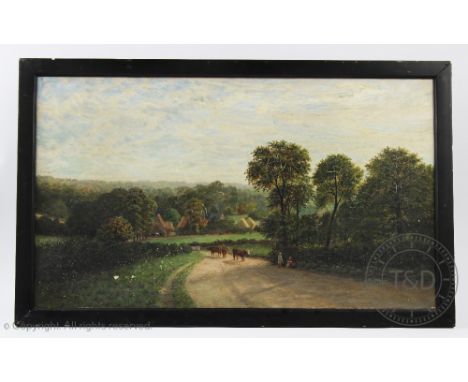 J Godfrey (British 19th century),Oil on canvas, Rural scene of cattle on a country lane, Signed and dated lower left '1888', 