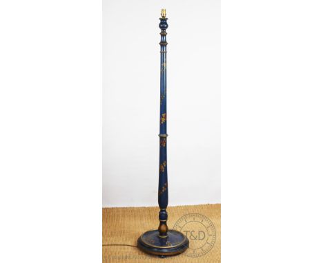 A chinoiserie decorated standard lamp, decorated with flowers and buildings against a blue ground, on circular base, 158cm H 
