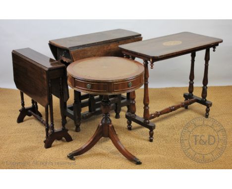 A late Victorian inlaid walnut stretcher table, 88cm H x 79cm W, with a modern drum top table and a Sutherland table, and an 