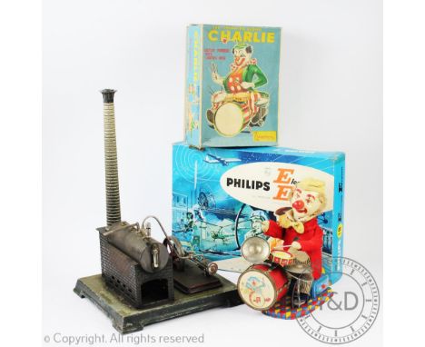 A GBN Bing Bavaria stationary steam engine, 41cm high boxed with a Cragstan drumming clown Charlie, boxed and a Phillips Elec