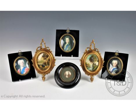 A 19th century watercolour on ivory figure of a gentleman, 3.5cm x 3cm, (frame open) in an ebonised frame, with two 19th cent
