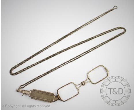 A pair of Art Deco French imported silver lorgnettes, R A &amp; S s, import mark, of typical geometric design with attached c