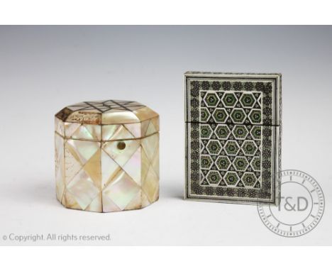 A 19th century octagonal mother of pearl and white metal inlaid box and cover, with gilt brass liner, 8cm high and an early 2