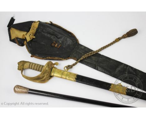 A Naval dress sword, with 79cm Wilkinson & Co acid etched blade and wire mound fish skin type grip, in brass mounted scabbard