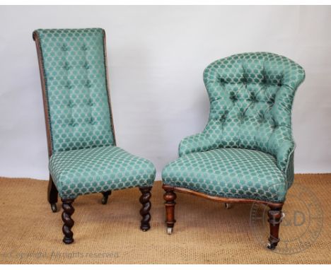 A Victorian walnut salon chair, with button back green upholstery, 84cm H, with another Victorian chair in matching upholster