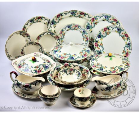 A Royal Cauldon Victoria pattern part dinner and tea service including; a set of twelve dinner plates, eight entree plates, f