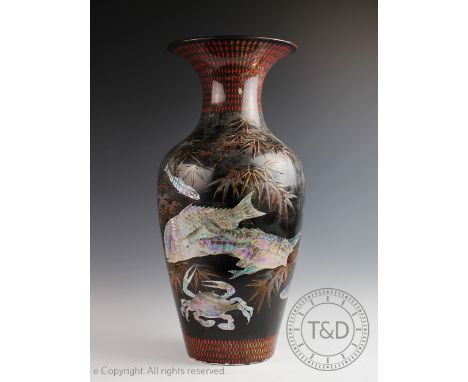 A large Japanese lacquered porcelain vase Meiji period (1868-1912), the begonia shaped vase decorated with a black ground inl