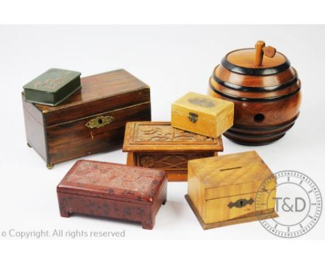 A selection of 19th century and later boxes to include a Mauchline ware box of Wolverhapmton Town Hall, a German carved wood 