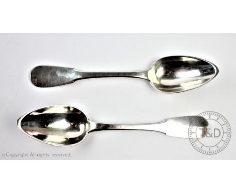 A pair of 19th century silver plated fiddle pattern table spoons, each fiddle back engraved with a coat of arms with initials