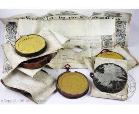 A collection of eight 19th century vellum patents, Henry Lea for 'Improvements in looms for weaving, dated February 17th 1866