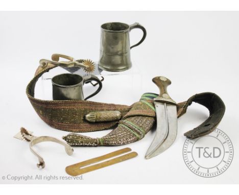 A selection of items to include a Persian jambiya, early 20th century,  the curved bade with a coin set wood / bone hilt and 