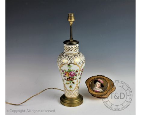 A continental gilt metal box inset with a porcelain plaque depicting a lady in a floral red hat, 13.5cm wide, along with a fl