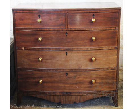 A Regency mahogany chest, of two short and three long drawers, on splayed bracket feet, later brass handles, 104cm H x 108cm 