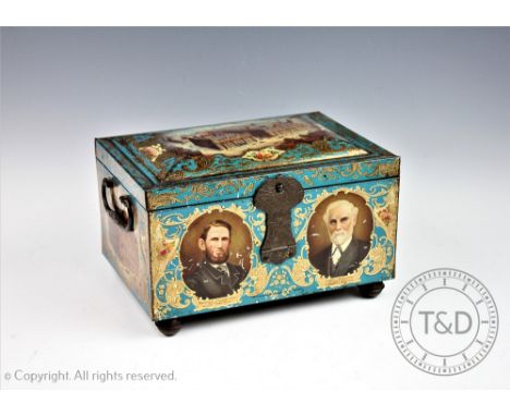 A Co-operative Wholesale Society Limited commemorative tin tea caddy, commemorating the WSC Jubilee 1863-1913, of sarcophagus