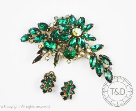 A collection of jewellery, to include; a large vintage green stone set corsage brooch, a pair of similar clip earrings, a whi