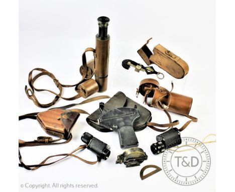 A selection of 20th century surveyors equipment to include a Broadhurst Clarkson &amp; Co three drawer leather clad telescope