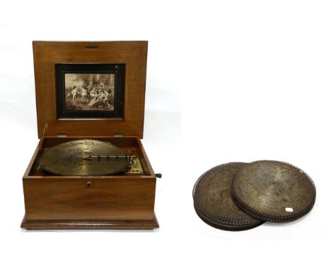 Polyphon Musical Disc Music Box, with lever operated gilt metal movement numbered 91326, 16.5cm steel comb, the rectangular c