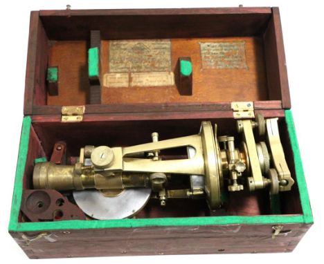 E R Watts Theodolite no.14434, with twin Vernier scales on two axis, compass to central mounting, in replacement box containi