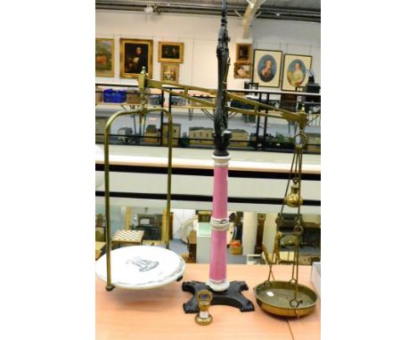 Shop Scales, Possibly By Avery a large set with cast harp top, 22'' brass beam, tubular steel stand enamel in pink/white, pan