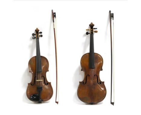 Violin 13.75'' two piece back, ebony fingerboard, with Albert Fischer bow 29.25'' including button stamped with makers name a