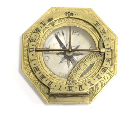 Pocket Sundial brass construction with octagonal case, compass, raising pointer with graduated quarter protractor; with vario