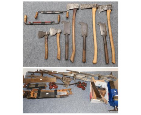 A Collection of Tools, including bench vice, axes, shaves, clamps, saws, square, etc 