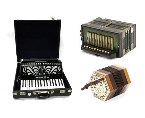 Concertina Hohner International AC3060 30 button Anglo Duet system; Melodian no makers name 10 treble buttons, 3 bass levers 