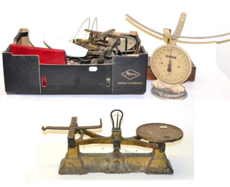 A Collection of Scales, including grocers scales, beam scale, three Avery Class B etc