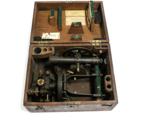 W F Stanley Theodolite no.10283, black lacquered finish, with twin Vernier scales, and spirit level, in original case with ma