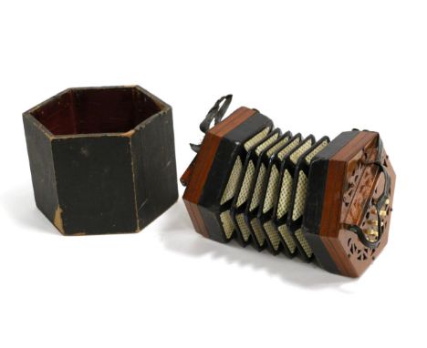 Lachenal & Co Anglo Concertina no. 85435 with 20 buttons, in manufacturers box (lacks lid)Appears to have button stuck open a