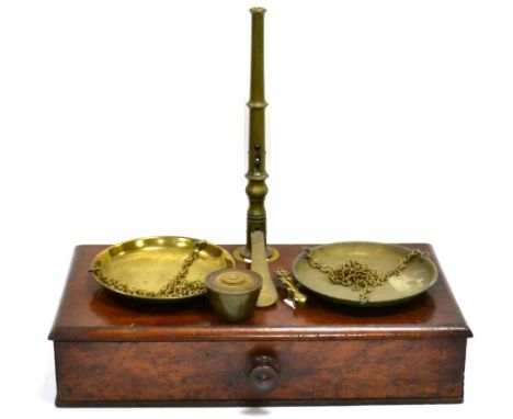 W & T Avery Portable Pan Scales with twin circular pans each 7.25'', 18cm diameter below steel balance on brass stand, all pa