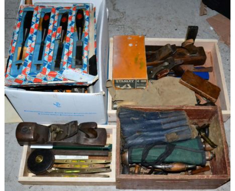 A Collection of Mixed Tools, including planes, chisels, levels, rules, turnscrew, drills & bits etc