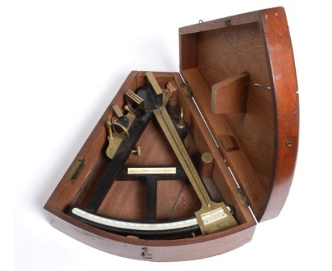 Spencer Browning & Co. (London) Octant C1830 ebony with ivory inlay, brass arm, with Vernier scale, in mahogany case