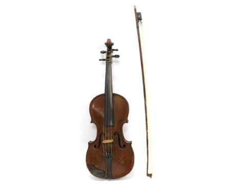 Violin 14'' one piece back, with label reading 'Andr. Guarnerio Cremonensis Faciebat Anno 17', with bow stamped 'Cuniot  Hury